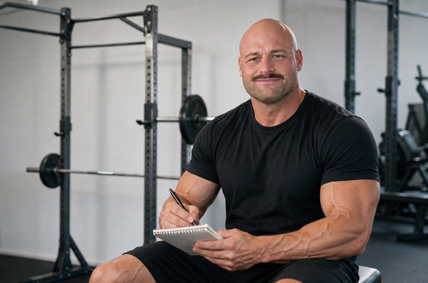 Jay Cate sitting in a gym, writing training notes