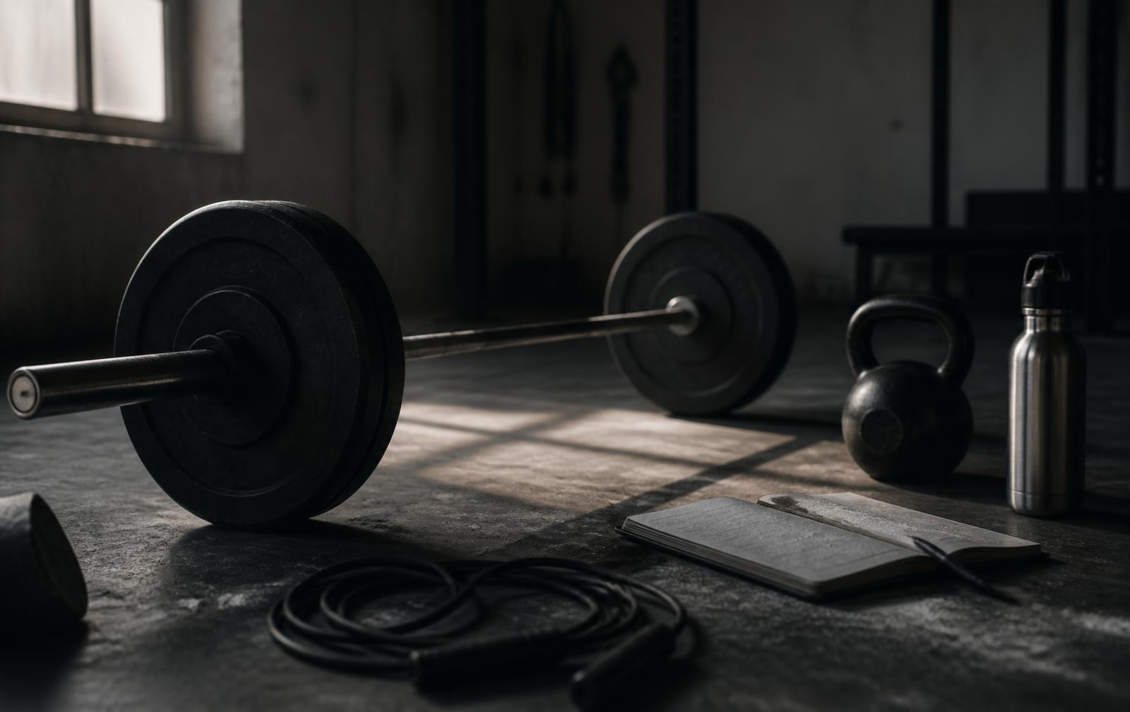 A loaded barbell, kettlebell, jump rope and training journal on a gym floor in early morning light